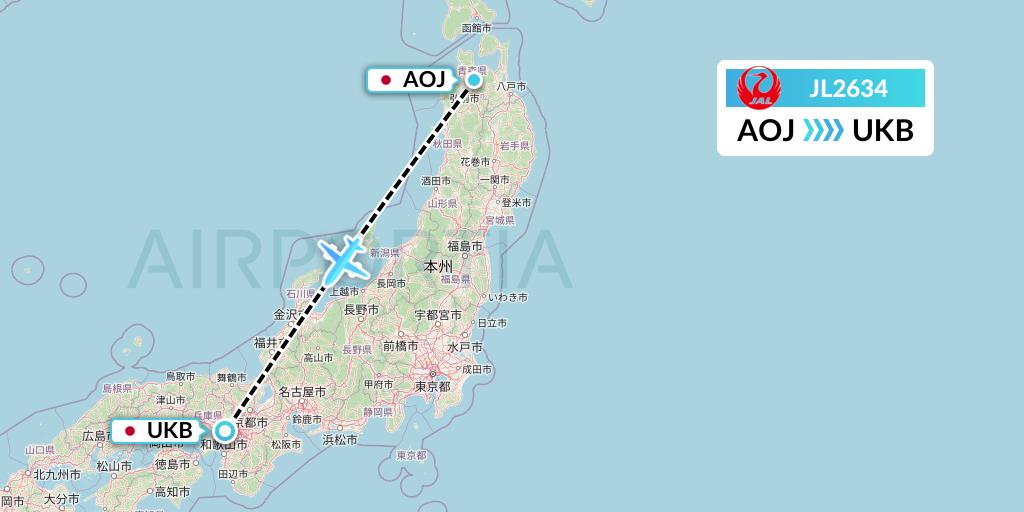 JL2634 Japan Airlines Flight Map: Aomori to Kobe