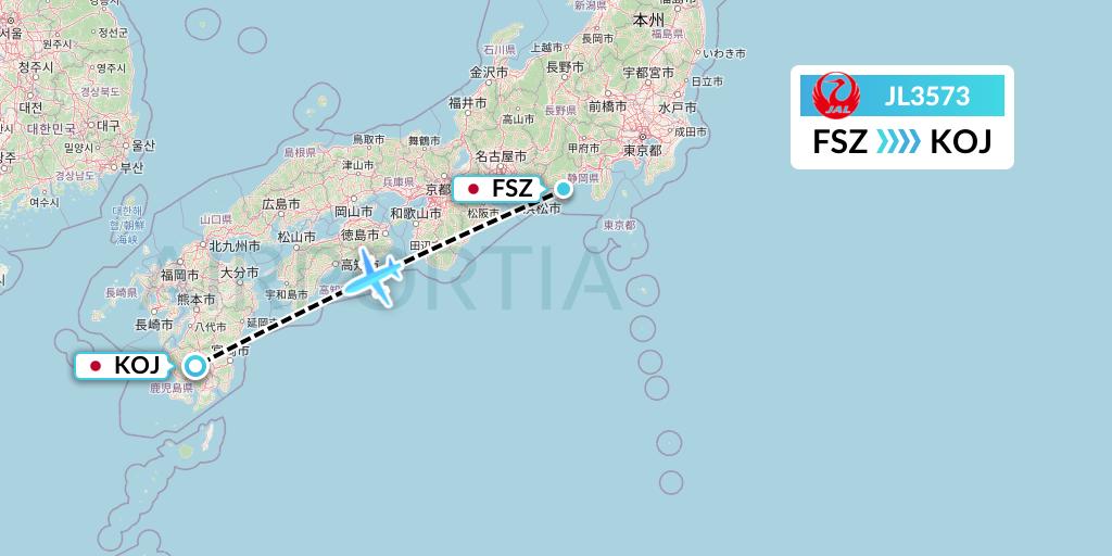 JL3573 Japan Airlines Flight Map: Shizuoka to Kagoshima