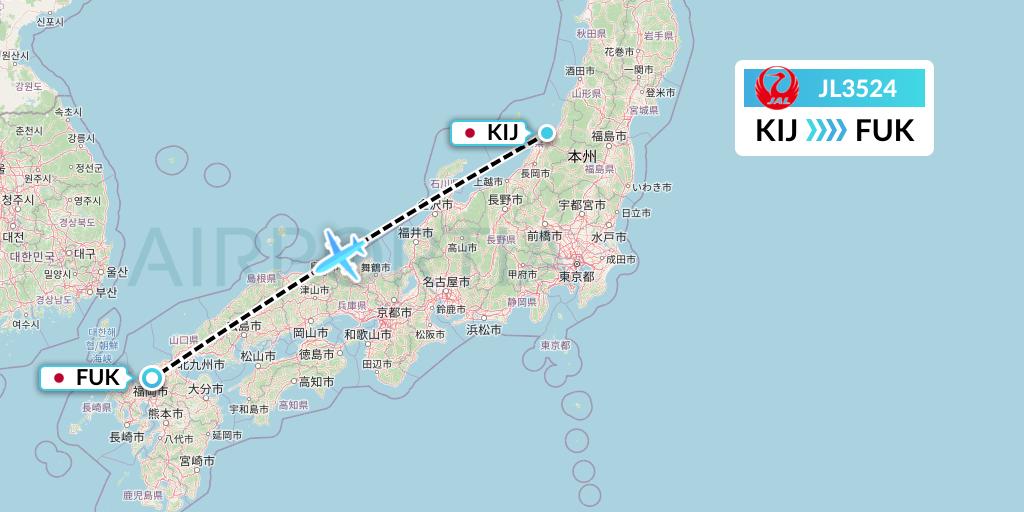 JL3524 Japan Airlines Flight Map: Niigata to Fukuoka