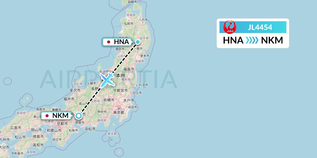 JL4454 Japan Airlines Flight Map: Hanamaki to Nagoya