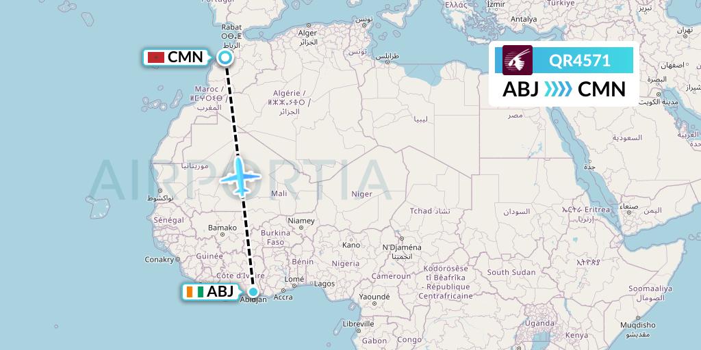 QR4571 Qatar Airways Flight Map: Abidjan to Casablanca
