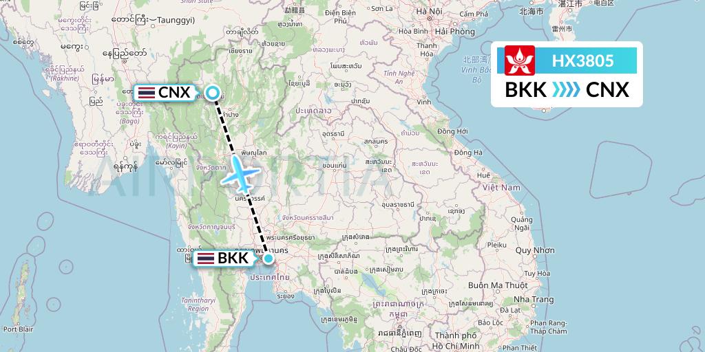 HX3805 Hong Kong Airlines Flight Map: Bangkok to Chiang Mai