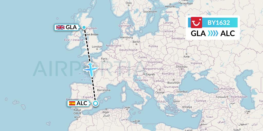 BY1632 TUI Airways Flight Map: Glasgow to Alicante
