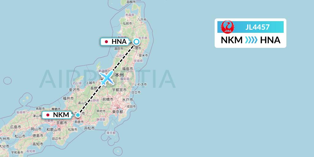 JL4457 Japan Airlines Flight Map: Nagoya to Hanamaki