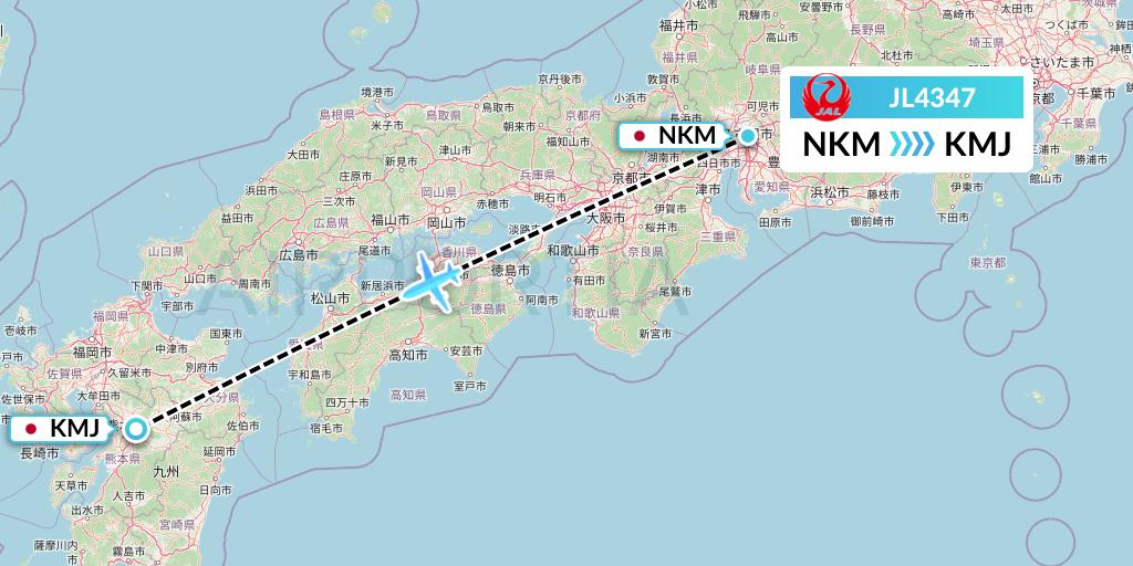 JL4347 Japan Airlines Flight Map: Nagoya to Kumamoto