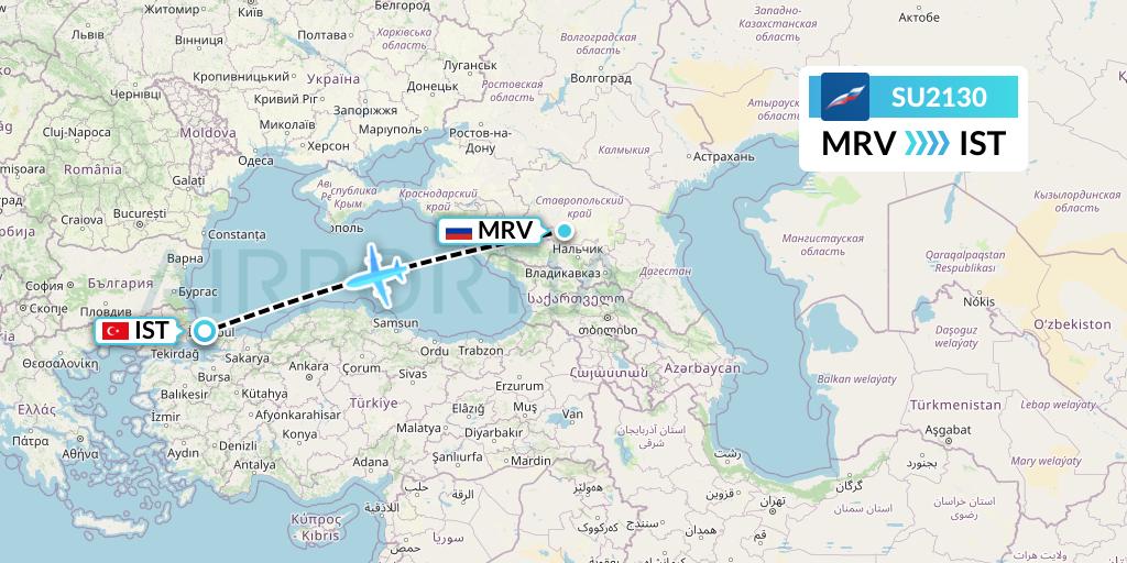 SU2130 Aeroflot Flight Map: Mineralnye Vody to Istanbul