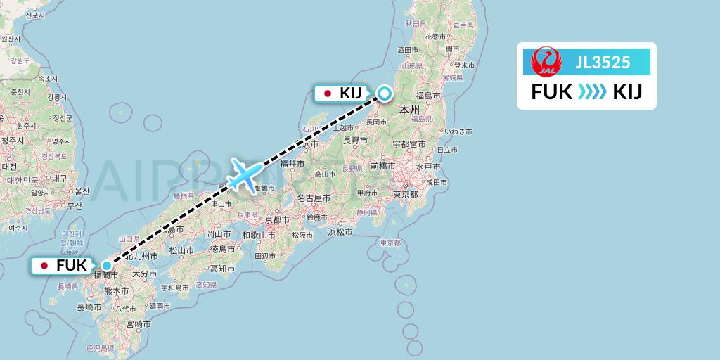 JL3525 Japan Airlines Flight Map: Fukuoka to Niigata