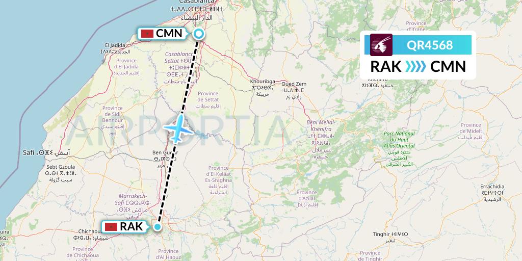 QR4568 Qatar Airways Flight Map: Marrakesh to Casablanca