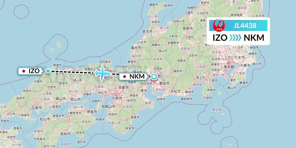 JL4438 Japan Airlines Flight Map: Izumo to Nagoya
