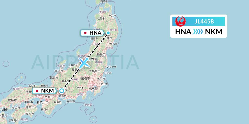 JL4458 Japan Airlines Flight Map: Hanamaki to Nagoya