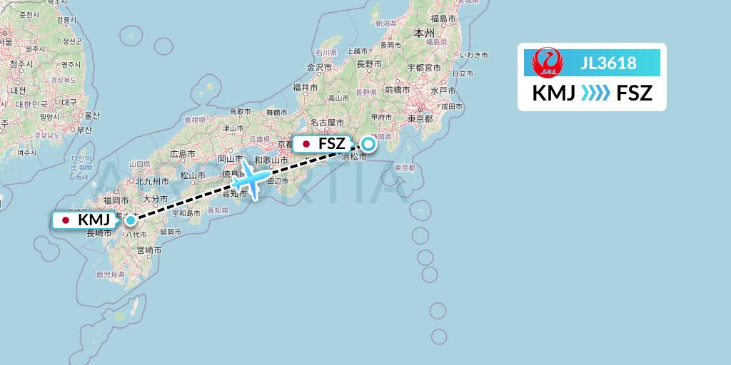 JL3618 Japan Airlines Flight Map: Kumamoto to Shizuoka