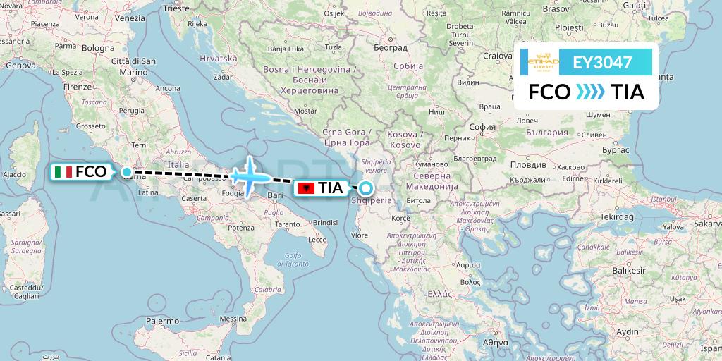 EY3047 Etihad Airways Flight Map: Rome to Tirana
