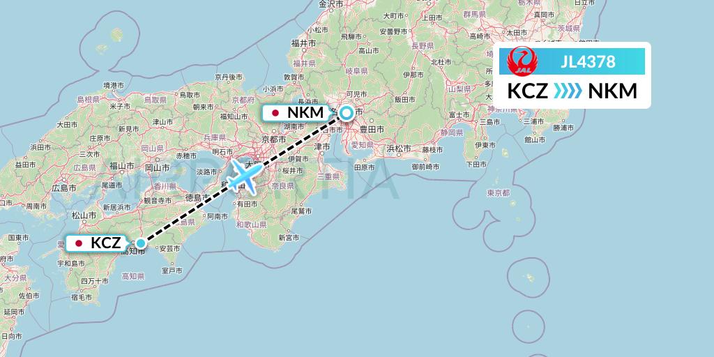 JL4378 Japan Airlines Flight Map: Nankoku to Nagoya