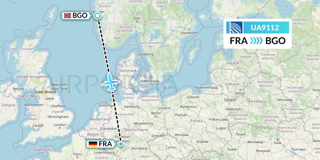 UA9112 United Airlines Flight Map: Frankfurt to Bergen