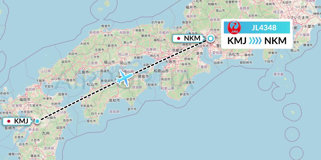 JL4348 Japan Airlines Flight Map: Kumamoto to Nagoya
