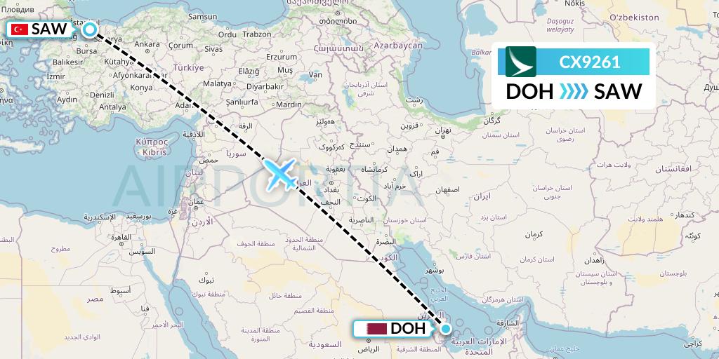 CX9261 Cathay Pacific Flight Map: Doha to Istanbul