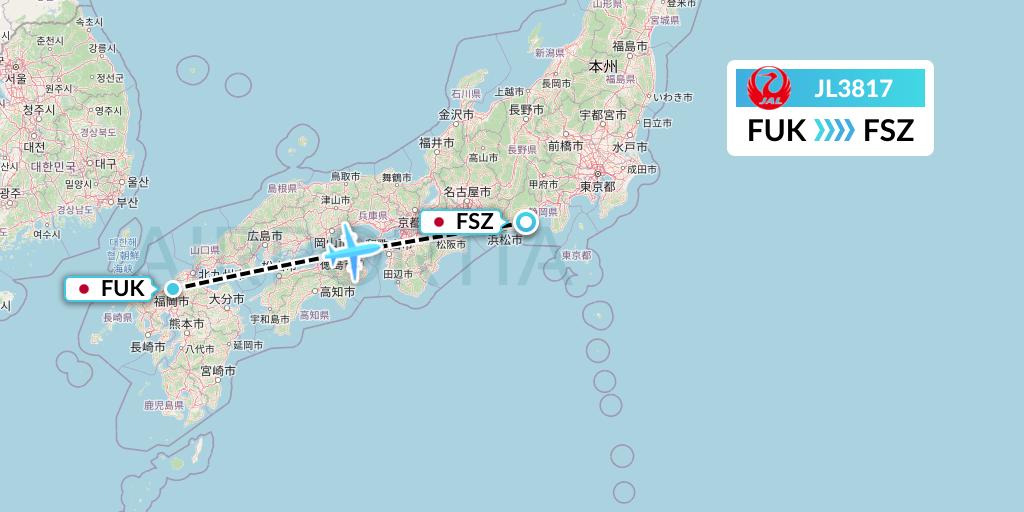 JL3817 Japan Airlines Flight Map: Fukuoka to Shizuoka