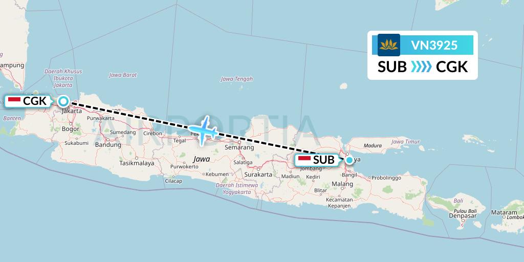 VN3925 Vietnam Airlines Flight Map: Surabaya to Jakarta