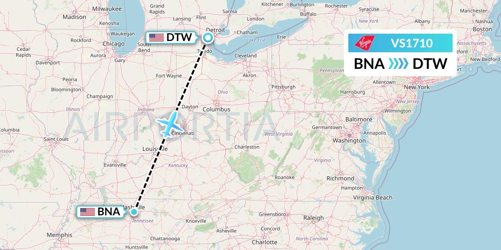 VS1710 Virgin Atlantic Airways Flight Map: Nashville to Detroit