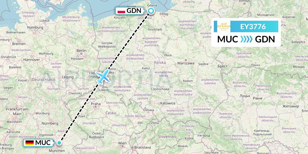 EY3776 Etihad Airways Flight Map: Munich to Gdansk