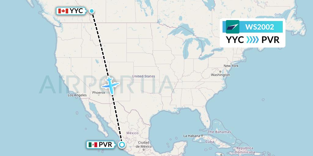 WS2002 WestJet Flight Map: Calgary to Puerto Vallarta