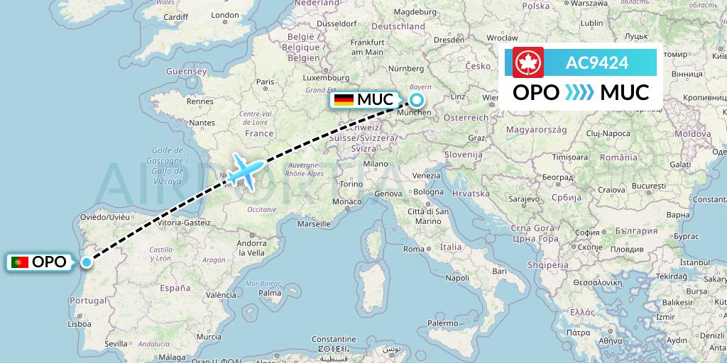 AC9424 Air Canada Flight Map: Porto to Munich