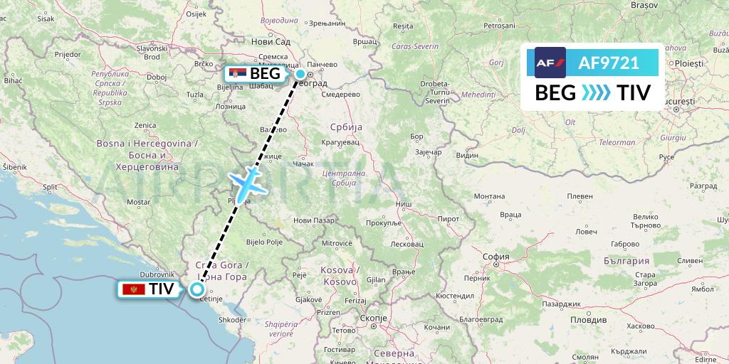 AF9721 Air France Flight Map: Belgrade to Tivat