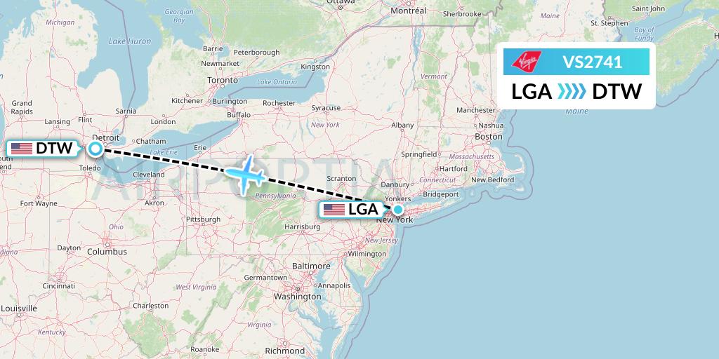 VS2741 Virgin Atlantic Airways Flight Map: New York to Detroit