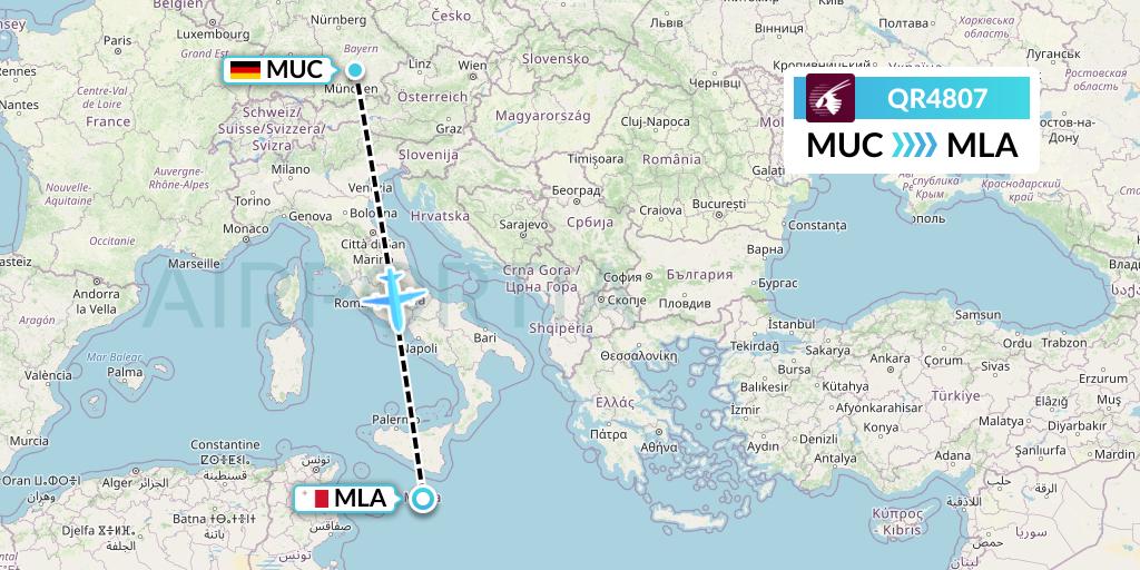 QR4807 Qatar Airways Flight Map: Munich to Malta