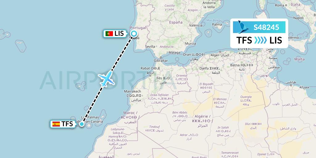 S48245 Azores Airlines Flight Map: Tenerife to Lisbon