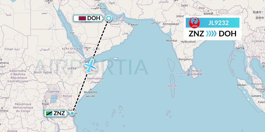 JL9232 Japan Airlines Flight Map: Zanzibar to Doha