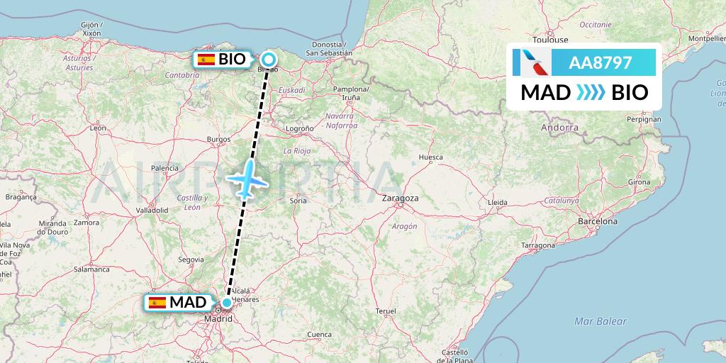 AA8797 American Airlines Flight Map: Madrid to Bilbao