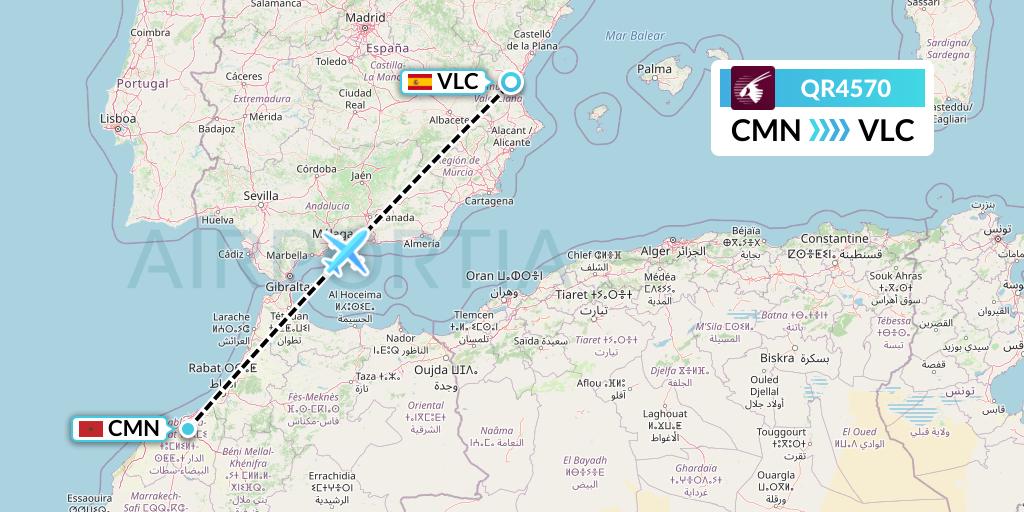 QR4570 Qatar Airways Flight Map: Casablanca to Valencia