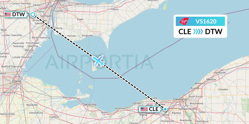 VS1620 Virgin Atlantic Airways Flight Map: Cleveland to Detroit