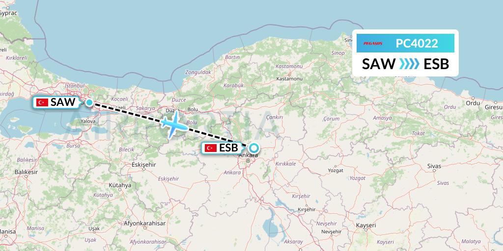 PC4022 Pegasus Airlines Flight Map: Istanbul to Ankara