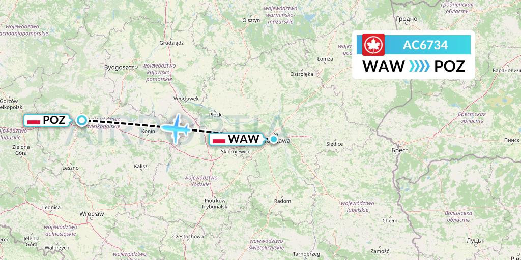AC6734 Air Canada Flight Map: Warsaw to Poznan