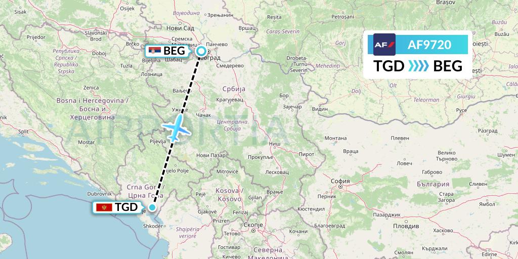 AF9720 Air France Flight Map: Podgorica to Belgrade