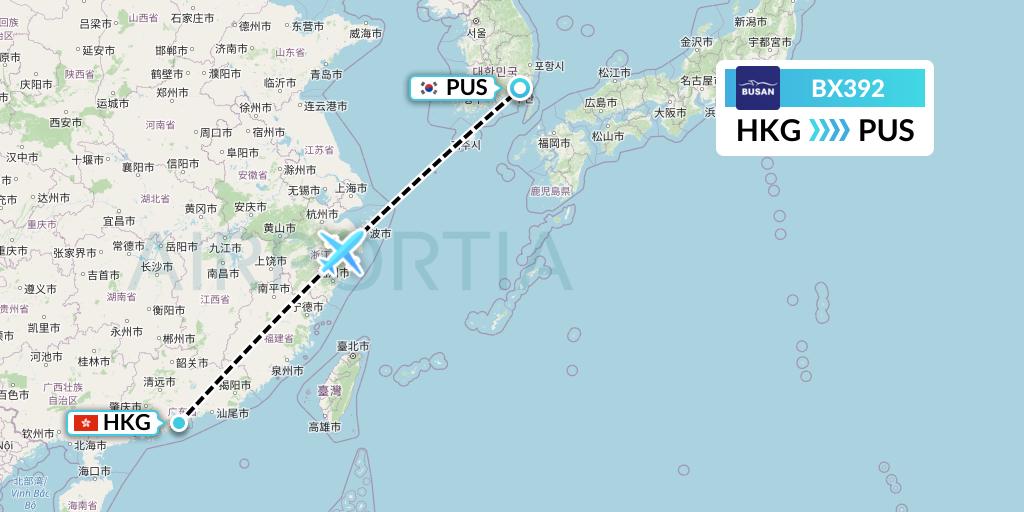 BX392 Air Busan Flight Map: Hong Kong to Busan