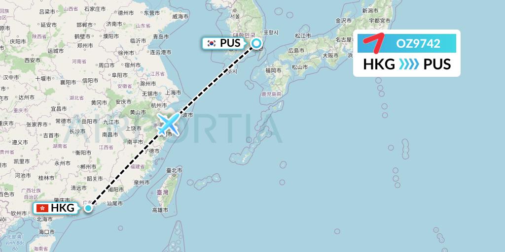 OZ9742 Asiana Airlines Flight Map: Hong Kong to Busan