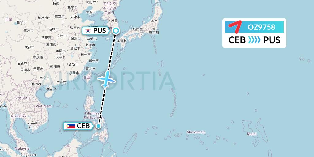 OZ9758 Asiana Airlines Flight Map: Cebu to Busan