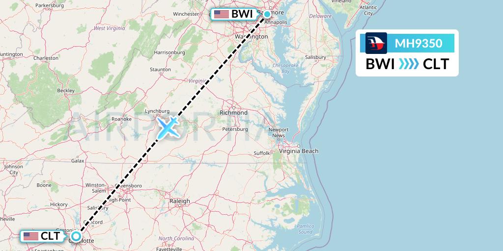MH9350 Malaysia Airlines Flight Map: Baltimore to Charlotte