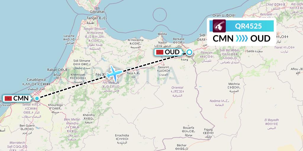 QR4525 Qatar Airways Flight Map: Casablanca to Oujda