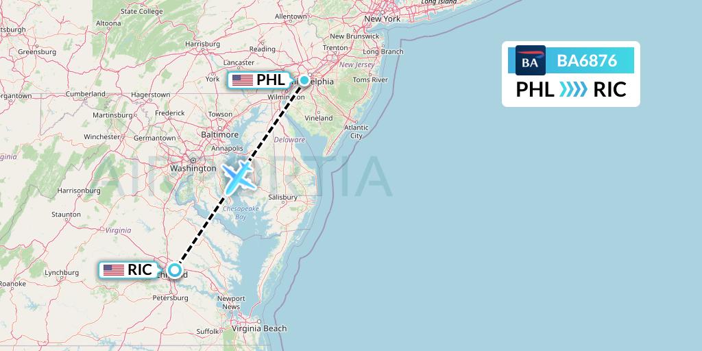 BA6876 British Airways Flight Map: Philadelphia to Richmond