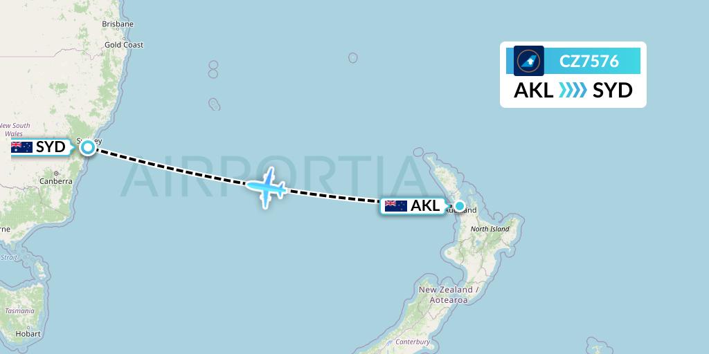 CZ7576 China Southern Airlines Flight Map: Auckland to Sydney