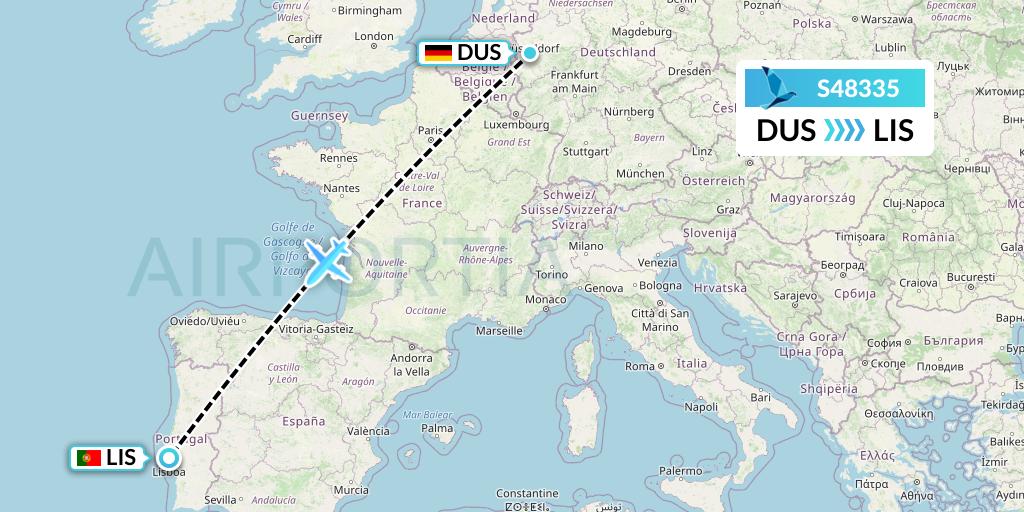 S48335 Azores Airlines Flight Map: Dusseldorf to Lisbon