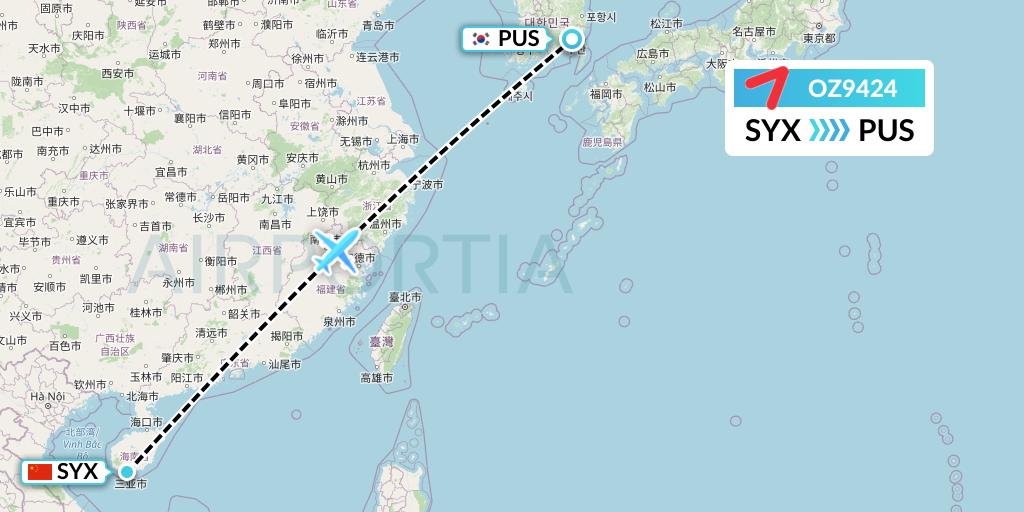 OZ9424 Asiana Airlines Flight Map: Sanya to Busan