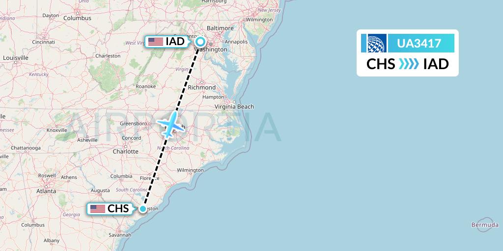 UA3417 United Airlines Flight Map: Charleston to Washington