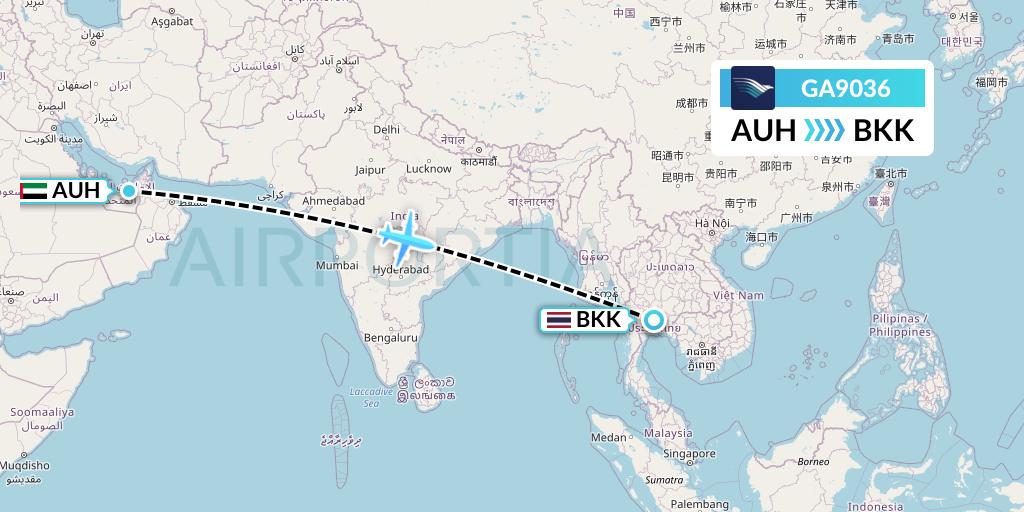 GA9036 Garuda Indonesia Flight Map: Abu Dhabi to Bangkok