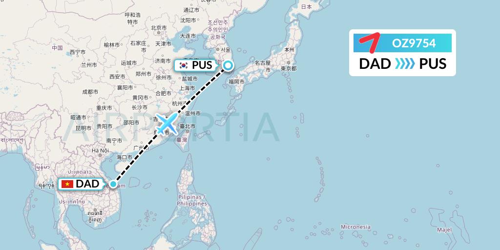 OZ9754 Asiana Airlines Flight Map: Da Nang to Busan