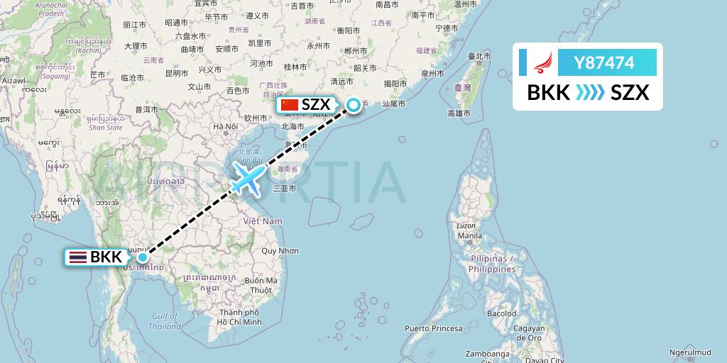 Y87474 Yangtze River Express Flight Map: Bangkok to Shenzhen